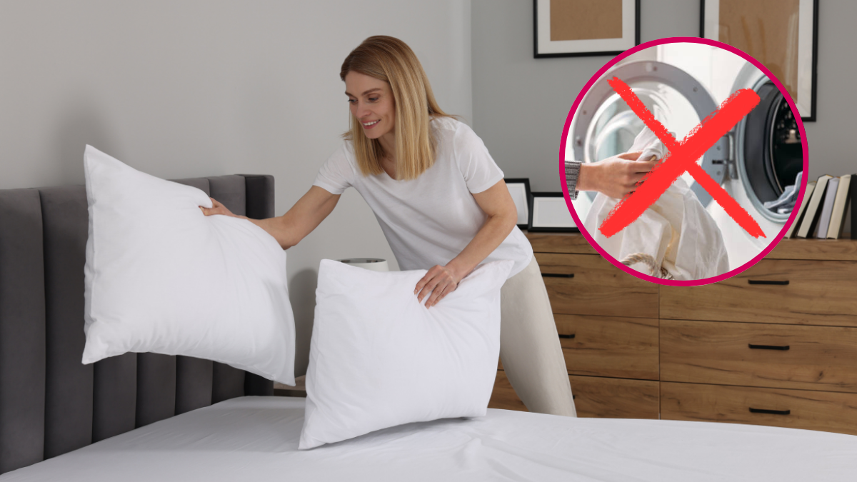 Mujer organizando almohadas y una imagen de referencia a no usar la lavadora | Fotos: Getty Images.